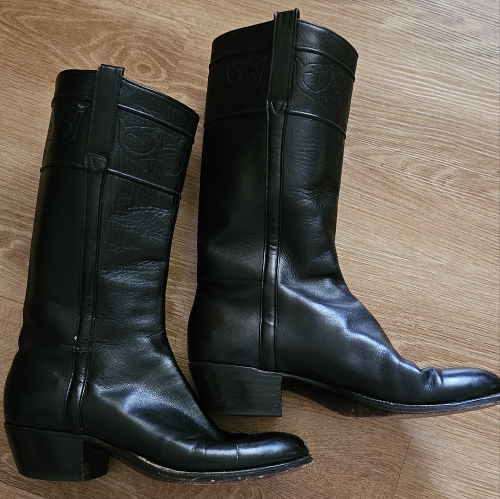 Lucchese Black Leather Mid-Calf Cowboy Boots